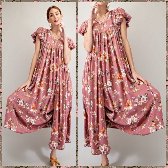 EASEL Flowy Oversized Ultra Wide Leg Romper Ruffled Bubble Sleeves Keyhole Back - Picture 7 of 16